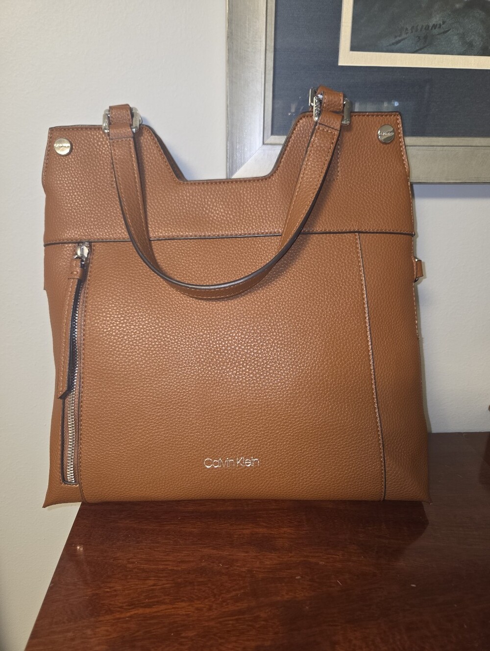 Calvin Klein Pebbled Leather Tote in Cognac Brown